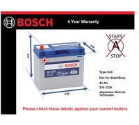 Battery fits TOYOTA YARIS VERSO NCP2, NCP22 1.3 99 to 05 Bosch 043 330A 45Ah New