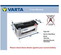 Battery fits VOLVO V70 Mk3 2.0D 07 to 15 Varta 024 740A 88Ah 3Yr Warranty New