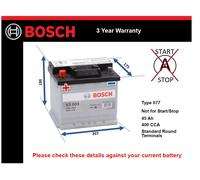 Battery fits ZAZ TAVRIA 1.1 1.3 89 to 07 Bosch 077 400A 45Ah 3Yr Warranty New