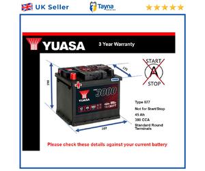 Battery fits ZAZ TAVRIA 1.1 1.3 89 to 07 Yuasa 077 380A 45Ah 3Yr Warranty New
