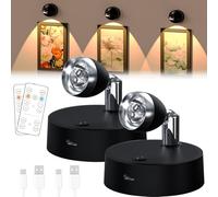 Battery LED Spotlights, 2 Pack Wireless Indoor Lights for Picture, 3 Colour Spotlights with Remote Control and Timer, Art Display Spot Lights, Mini Picture Light for Artwork Painting Statue - Black