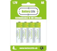 Battery Life AA Rechargeable Batteries NI-MH 1.2V Long Life UK Brand (AA 300mAh, 4 pack)