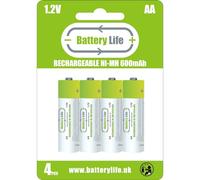 Battery Life AA Rechargeable Batteries NI-MH 1.2V Long Life UK Brand (AA 600mAh, 4 pack)