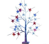 Battery Operated Birch Tree Lights with 24 Red White Blue LEDs and Star Centre Piece, 45cm Portable Tabletop Patriotic Decor for Parties Festivals Garden Plastic