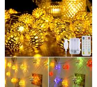 Battery Operated Boho String Lights, 13FT 20 LEDs Big Golden Metal Balls, USB Color Changing Fairy Lights with Remote Timer, Globe Moroccan Orb Decorative Lights for Room Party Xmas Boho Diwali Décor