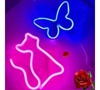 Battery Operated Led Butterfly Neon Cat Neon Night Light Bedroom College Apartment Dormitory Wall Decor Night Light Game Room Bedroom Living Room Dining Room Backdrop Decor(Blue Butterfly+Pink Cat）