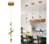 Battery operated minimalist hanging lamp with remote control,spiral pendant light with 6 RGB colors dimmable,wireless hanging lamp no hardwired install,for dining room,kitchen island.etc.(Gold)