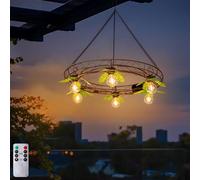 Battery Operated Outdoor Chandelier, Decorative Hanging Pendant Lights with 6pcs G40 Bulbs, Rust Finish Metal Wire Floral shade, Brightness Adjustable with Timer for Pergola Gazebo Porch Patio Decor