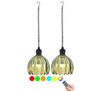 Battery Operated Pendant lights with Remote Set of 2,Outdoor Rechargeable Battery Powered Chandelier Waterproof,Mini Glass Green Tulip RGB Color Hanging Light Fixture for Gazebo Pergola Porch Patio(Gr