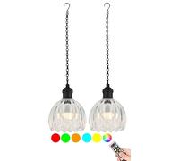 Battery Operated Pendant lights with Remote Set of 2,Outdoor Rechargeable Battery Powered Chandelier Waterproof,Mini Glass Green Tulip RGB Color Hanging Light Fixture for Gazebo Pergola Porch Patio(Wh