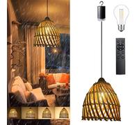 Battery Operated Rattan Pendant Light Bohemian Rattan Woven Chandelier, Battery Operated Remote Control Pendant Light with Dimmable Timer, Garden Lights Fixture Gazebo (Black)