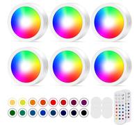 Battery Operated RGB Puck Lights With Remote, Under Cabinet Kitchen Push Lights, Wireless Sticker Light With Timer for Closet, Party, Wardrobe, Stairs, Bedroom, Hallway - 6 Pack