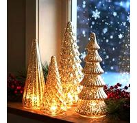 Battery Operated Set of 5 Glass Christmas Trees, LED Lighted Tabletop Decor for Holiday, Silver & Gold Mini Figurines, Xmas Gift & Home Party Decoration(Gold,DECOR ONLY_LARGE)