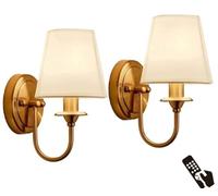 Battery Operated Set of Two 2 Pack Antique Brass Vintage Battery Operated Wall Sconces Light Fixture with Flared White Fabric Shade for Dining/Living Room Bedroom Bathroom Hallway d