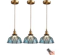 Battery Operated Tiffany Pendant Light with Remote - Wireless Stained Glass Hanging Lamp for Kitchen Island, Dining Room, Hallway - Non-Hardwired Indoor Chandelier (Blue)