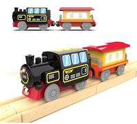 Battery Operated Train for Wooden Tracks - Motorized Locomotive with Lights & Sounds, Push-Button Forward/Stop/Reverse, Compatible with Thomas & Brio, for Toddlers 3+