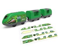 Battery Operated Train Set for Wooden Track - Motorised Bullet Train with Opening Doors & DIY Dinosaur Stickers, 3Pcs Magnetic Carriages Compatible with Thomas & Brio, Gift for Kids 3+