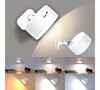 Battery Operated Wall Light, Rechargeable Magnetic LED Wall lamp, Reading Light with 360° Rotations, Wall Light with 3 Color Modes, Touch Control, Wireless Wall Sconces for Bedroom Bedside (White)