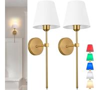 Battery Operated Wall Light Set of 2,Fabric Wall Sconce Adjustable Angle Lighting not Hardwired Fixture,with Remote Dimmable LED Bulb for Farmhouse Interior Wall Decor (Color : Gold)