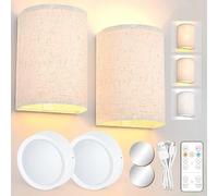Battery Operated Wall Lights, 2 Pack Rechargeable Wall Lights with Remote Control, 3 Colors Dimmable Height Fabric Sconces, Magnetic Wireless Lamp for Bedroom Living Room Hallway Stair