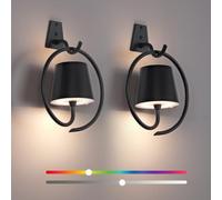 Battery Operated Wall Lights, 2 Pack RGB Rechargeable Wall Light Indoor Cordless Wall Lamp, Dimmable Wireless LED Wall Lamps IP54 Waterproof Wall Sconce Lights for Bedroom, Living Room(Black)