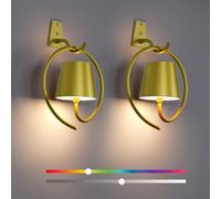 Battery Operated Wall Lights, 2 Pack RGB Rechargeable Wall Light Indoor Cordless Wall Lamp, Dimmable Wireless LED Wall Lamps IP54 Waterproof Wall Sconce Lights for Bedroom, Living Room(Champagne)