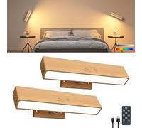 Battery Operated Wall Lights Beech Wood with Remote,5200mAh Rechargeable Wall Lights Indoor,Magnetic,Stick On,Dimmable RGB & 3 Colour Temperature,Cordless Wall Mounted Reading Lights for Bedroom 2Pack