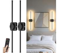 Battery Operated Wall Lights Indoor,USB Rechargeable LED Wall Lamps,with Remote Control,Dimmable Touch Wireless Black 72cm 350°Rotation Modern Wall Light for Living Room/Bedroom,2 Pack [Energy C]