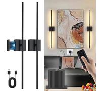 Battery Operated Wall Lights Indoor, USB Rechargeable Wall Light with Remote Control Dimmable Touch Wireless Wall Lamp Black 80CM 350° Rotation Modern Wall Sconce Decor for Living Room Bedroom, 2 Pack