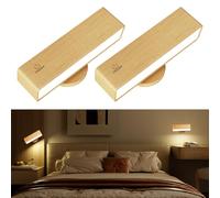 Battery Operated Wall Lights, Magnetic Wireless Wall Sconces, Rechargeable Wall Lights Indoor 360° Rotatable, Dimmable Wall Lamp, No Wire Wall Light for Bedroom, Living Room (Beech Wood, 2 Pack)