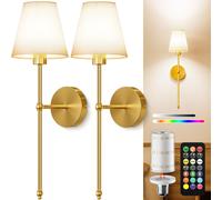 Battery Operated Wall Lights Set of 2, 10000mAh Rechargeable Wireless Wall Sconces with Remote, Dimmable 9 RGB Colours & 4 Light Temperatures, Magnet