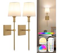Battery Operated Wall Lights Set of 2, Gold USB Rechargeable Bulbs Wall Lamp with Remote Control, Dimmable RGB 18 Colors, Timing, Wireless Wall Sconces Indoor Night Light for Bedroom, Non Hardwired