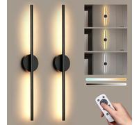Battery Operated Wall Lights Set of 2, Rechargeable Wall Sconces with Remote Remote, 3 Colors Dimmable, 350° Rotation, 70CM Long Stick on Wireless Modern LED Lamp for Bedroom Living Room Hallway,Black