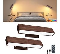 Battery Operated Wall Lights Walnut Wood with Remote,5200mAh Rechargeable Wall Lights Indoor,Magnetic,Stick On,Dimmable RGB &3 Colour Temperature,Cordless Wall Mounted Reading Lights for Bedroom 2Pack