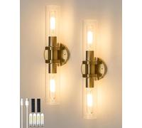 Battery Operated Wall Sconce Set of 2, Modern Wireless Wall Lights with Remote Control, Dimmable Cordless Rechargeable Sconces with 4 Bulbs for Living Room, Bedside, Bathroom, Brushed Gold 2 Pack