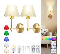 Battery Operated Wall Sconce Set of 2, Rechargeable Wall Lights with 5200mAh Detachable Charging Bulbs and Remote, 6 Colors RGB Dimmable Wireless Wall Lamp for Bedroom Living Room Hallway, No Wire
