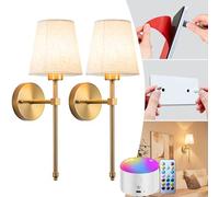 Battery Operated Wall Sconce Set Of Two with Remote Control, Indoor Not Hardwired Dimmable Battery Operated Wall Sconce Light Fixture with Fabric Linen Shade For Bedroom Living Room, Bulb Included ( C