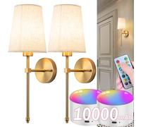 Battery Operated Wall Sconce Set Of Two with Remote Control, Indoor Not Hardwired Dimmable Battery Operated Wall Sconce Light Fixture with Fabric Linen Shade For Bedroom Living Room, Bulb Included ( C