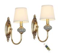 Battery Operated Wall Sconces Lights 2 Pack, Battery Powered Antique Brass Wall Lights with Bulb & Remote, No Wiring Vintage Ceramic Lamp for Living Room Bedroom Farmhouse Fireplace Hallway TV