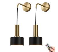 Battery Operated Wall Sconces Set Of 2, Modern No Wire Wall Lamp with Remote and led Light Bulb, Dimmable Adjustable Copper Lighting Fixture for Indoor Bedroom Bedside Decor/Living Room/Hallway