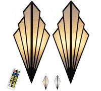 Battery Operated Wall Sconces Set of 2,Modern Wall Lamps,with Color Temperature Dimmable Remote Control,Non Hardwired Sconce,Art Deco Lighting Fixture,for Bedroom Bedside (BlackTwo Color Temp)