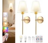 Battery Operated Wall Sconces Set of 2, Rechargeable Wall Lights with 6 Colors RGB Dimmable Detachable LED Bulbs and Remote, Wireless Wall Lamp for Bedroom Living Room Hallway Decor, Not Hardwired
