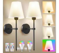 Battery Operated Wall Sconces Set of 2, Rechargeable Wall Lights with 6 Colors RGB Dimmable Detachable LED Bulbs and Remote, Wireless Wall Lamp for Bedroom Living Room Hallway Decor, Not Hardwired