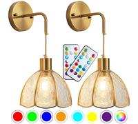 Battery Operated Wall Sconces Set Of Two, Indoor Not Hardwired Battery Wall Light With Remote Control, RGB Color Changing Dimmable Battery Powered Wall Lamp For Bedroom, Easy To Install, Bulb Included