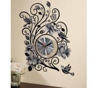 Battery Operated Wall Sticker Clock - Silver Swirling Floral Design Home Decoration - Measures H40.5 X W29Cm
