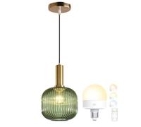 Battery Operated Wireless Pendant Lights USB Rechargeable Hanging Light with Remote Timer Modern Gold Green Ball Chandelier Ceiling Light Fixtures for Bedroom Living Dining Room Hallway(Set of 1)