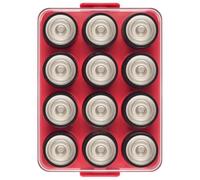 Battery Organiser Storage Case, Battery Vault Box Container for 12 x D Batteries, Plastic Clear Protective Battery Holder for Travel/Home/Office (Red, L-12 Pieces D)