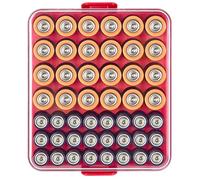 Battery Organiser Storage Case, Battery Vault Box Container for 48 x AA AAA Batteries, Plastic Clear Protective Battery Holder for Travel/Home/Office (Red, M)