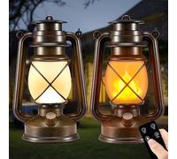 Battery-Powered 2 Modes Lighting LED Vintage Lanterns Decorative Outdoor & Indoor, 2 Pack Bronze Lights with Dancing Flame, Waterproof Remote Control Retro Lanterns Decor for Room,Garden,Porch