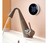 Battery-Powered Digital Bathroom Faucet with Display, Pull-Out Mixer Tap, Single Handle Hot & Cold Water Sink Fixture, Brass Gray Finish, 3 Water Flow Modes